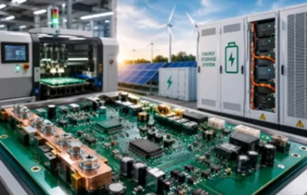 Advanced printed circuit board assembly in front of industrial energy storage systems and renewable solar-wind power farms.