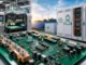Advanced printed circuit board assembly in front of industrial energy storage systems and renewable solar-wind power farms.