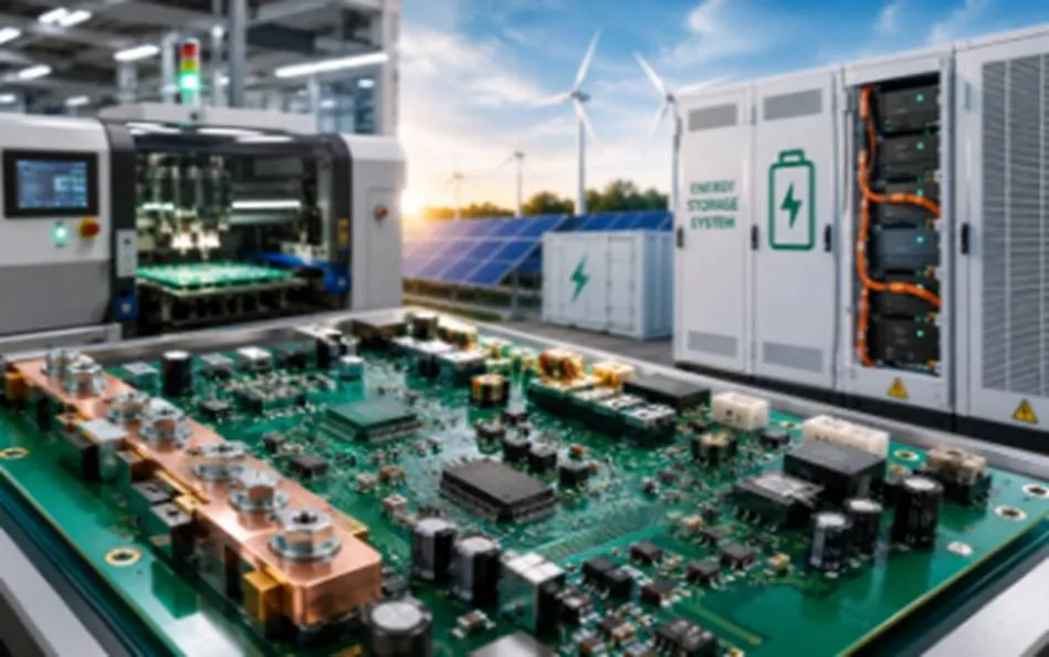 Close-up of an energy storage system printed circuit board with automated assembly machinery and battery storage units in the background.