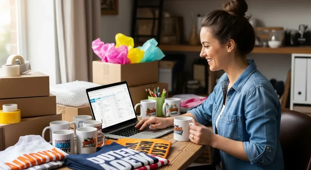 An Etsy seller reviewing shop finances and product costs on a laptop at her workspace surrounded by merchandise and packaging supplies.