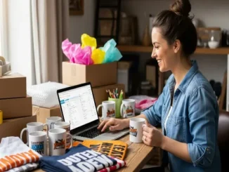 An Etsy seller smiling while managing her online store listings and calculating selling costs on a laptop surrounded by custom mugs, printed t-shirts, and shipping supplies.