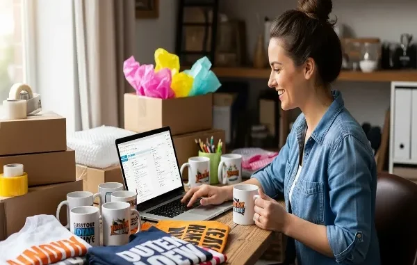 An Etsy seller smiling while managing her online store listings and calculating selling costs on a laptop surrounded by custom mugs, printed t-shirts, and shipping supplies.