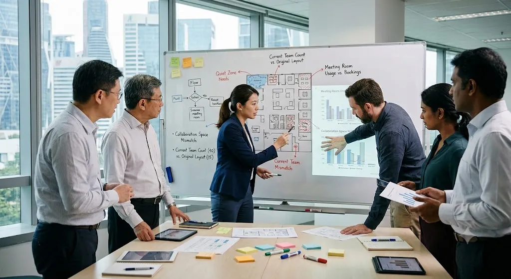 A diverse corporate team of professionals stands around a conference table in a modern high-rise office in Singapore, evaluating a workspace redesign. A female strategist points to a detailed office floor plan drawn on a large whiteboard, which features annotations about "Current Team Count (40) vs. Original Layout (15)," "Quiet Zone Needs," and "Meeting Room Usage vs. Bookings." Team members look on attentively, holding tablets and documents, with a panoramic view of the Tanjong Pagar or Beach Road cityscape visible through the large floor-to-ceiling windows in the background.