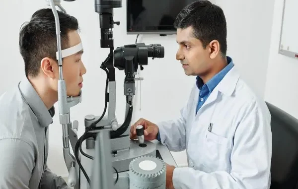 An optometrist in an eye hospital using a slit lamp microscope to examine a patient's eyes for vision problems.