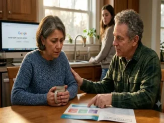 A candid, realistic photograph from a kitchen, where a man in a plaid shirt is comforting an older woman in a blue sweater. They are seated at a table, looking at a color pamphlet titled 'Understanding Mental Health Care'. The man is pointing to information within the brochure. In the background, an older computer monitor displays a Google search for 'mental health treatment centers,' and a young woman watches from a distance by the sink.