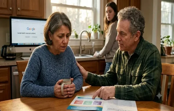 A candid, realistic photograph from a kitchen, where a man in a plaid shirt is comforting an older woman in a blue sweater. They are seated at a table, looking at a color pamphlet titled 'Understanding Mental Health Care'. The man is pointing to information within the brochure. In the background, an older computer monitor displays a Google search for 'mental health treatment centers,' and a young woman watches from a distance by the sink.