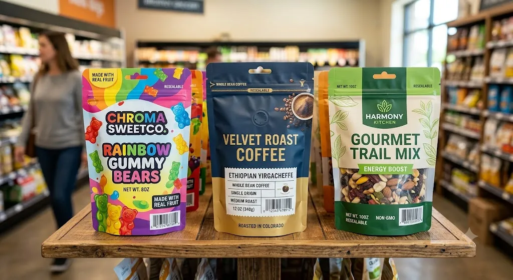 A high-quality retail display of custom printed flexible pouches showcasing resealable zippers, vibrant brand graphics, and clear window packaging.