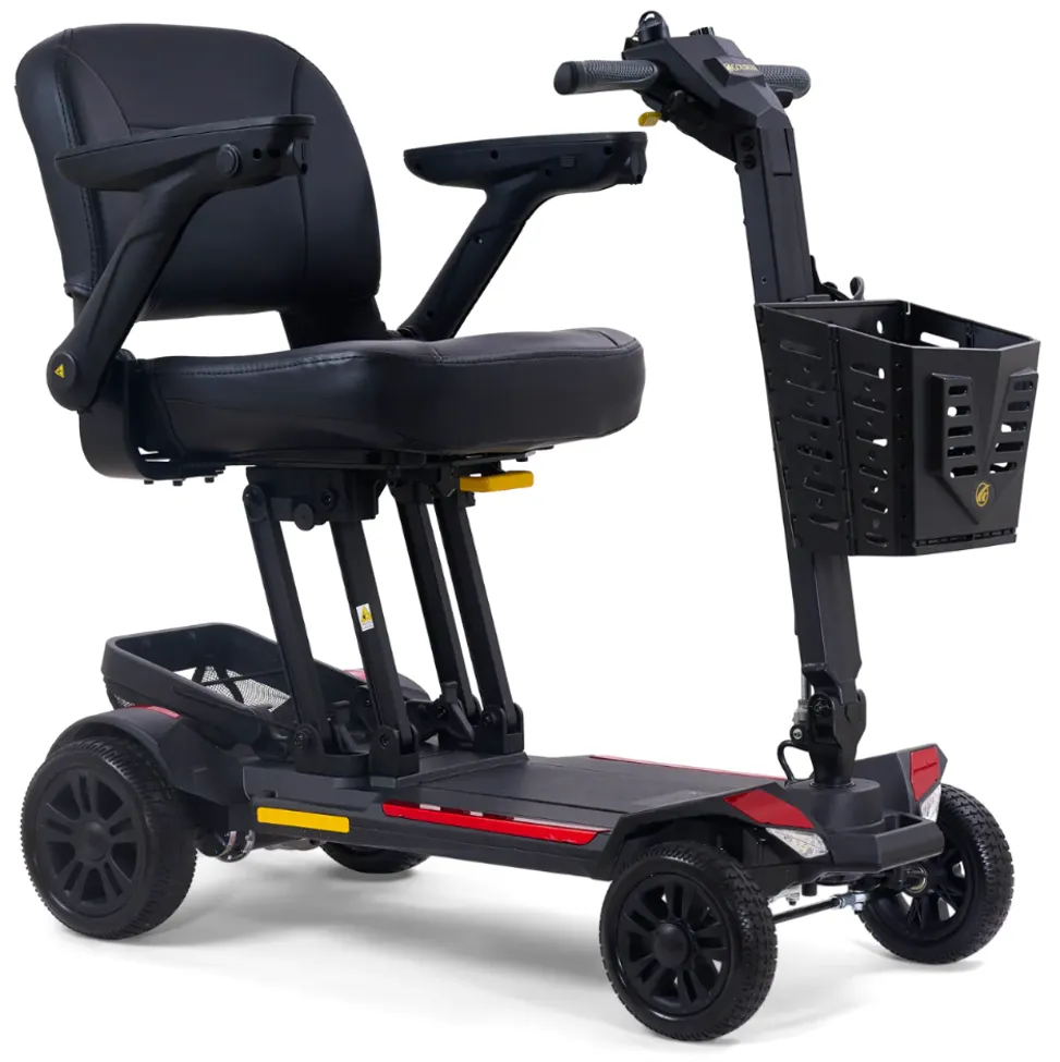 Black 4-wheel folding mobility scooter with padded seat, armrests, and front storage basket for easy travel.