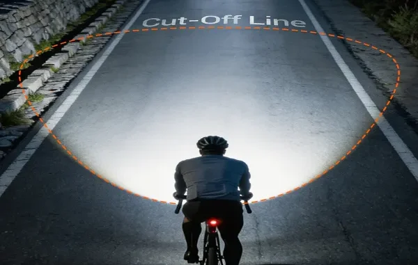 Cyclist riding at night with a front lamp bike light showing a wide road beam pattern and an anti-glare cut-off line.