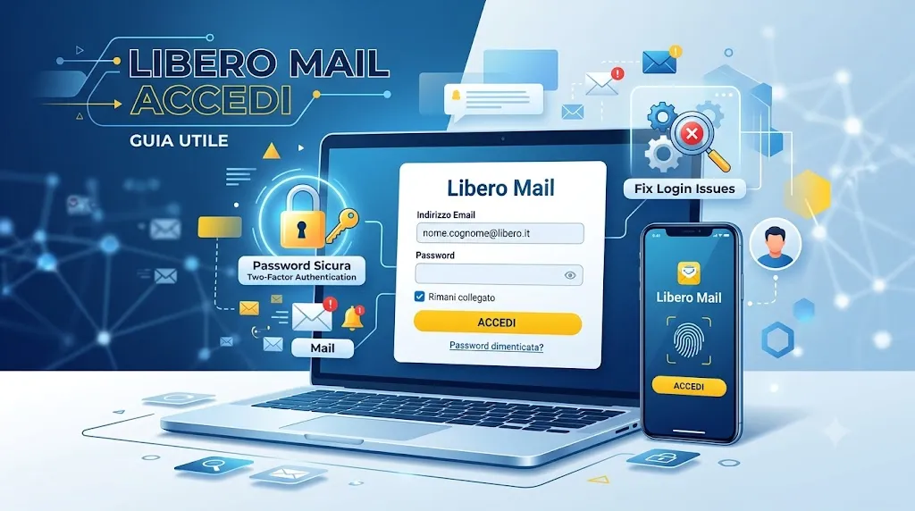 A modern tech illustration featuring a laptop and a smartphone displaying the Libero Mail login interface. The laptop screen shows the official "Libero Mail" sign-in form with fields for email and password, a checked "Rimani collegato" box, and a prominent yellow "ACCEDI" button. A smartphone next to it displays a mobile app interface with biometric fingerprint login. The background features a clean blue tech theme with icons for "Password Sicura" (Two-Factor Authentication), floating envelopes, and a gear icon labeled "Fix Login Issues."