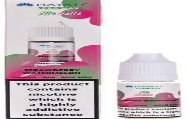 Hayati Pro Max Strawberry Watermelon Nic Salts 10ml bottle and packaging with UK TPD nicotine warning label.