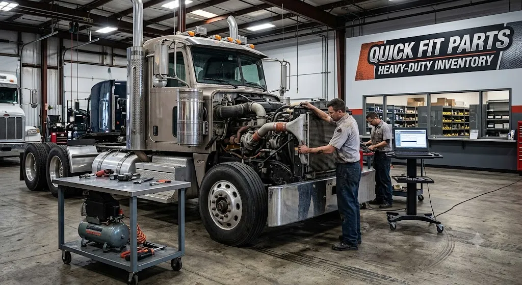 A professional heavy-duty truck maintenance garage where a mechanic in uniform inspects the open engine bay of a semi-truck. In the foreground, a metal work table displays a brand new truck radiator, an AC compressor, and diagnostic tools. In the background, another technician works near a laptop diagnostic station, beneath a large wall sign reading "Quick Fit Parts - Heavy-Duty Inventory."