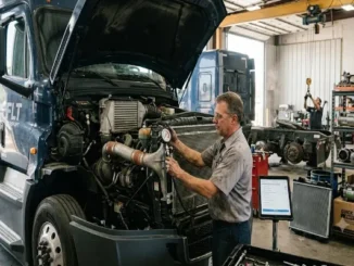 A focused mechanic, wearing safety glasses, performs maintenance on the engine and cooling system of a heavy-duty semi-truck in a busy repair bay, surrounded by parts and equipment.