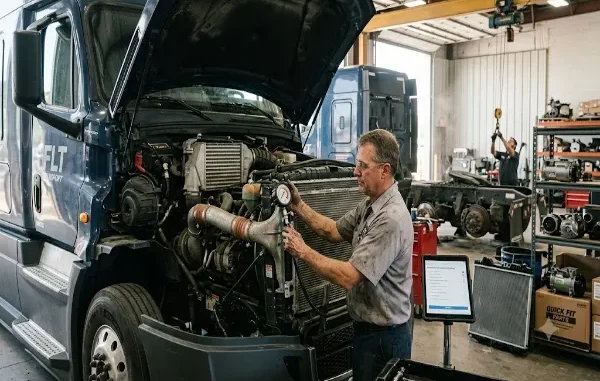 A focused mechanic, wearing safety glasses, performs maintenance on the engine and cooling system of a heavy-duty semi-truck in a busy repair bay, surrounded by parts and equipment.