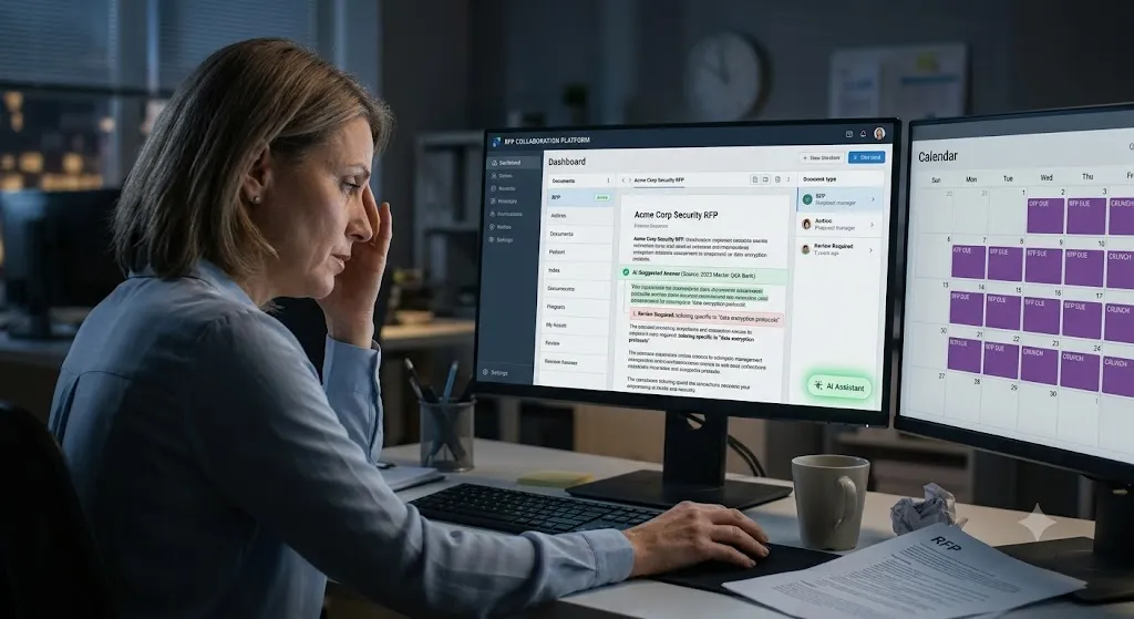 A tired female proposal manager rubbing her temple in a dimly lit office during a late-night crunch. She is looking at dual monitors displaying a complex RFP collaboration dashboard, an AI assistant suggestion pop-up, and a packed calendar full of tight deadlines.