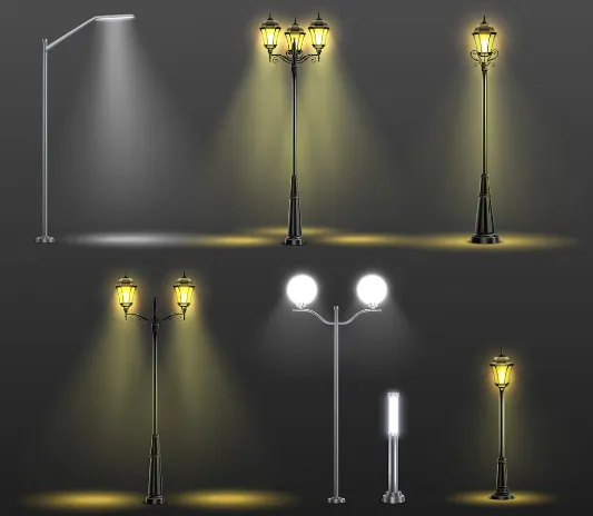 A collection of high-quality U.S. outdoor lighting fixtures including modern LED streetlights, classic vintage lamp posts, double-headed garden lights, and modern glowing bollard lights.