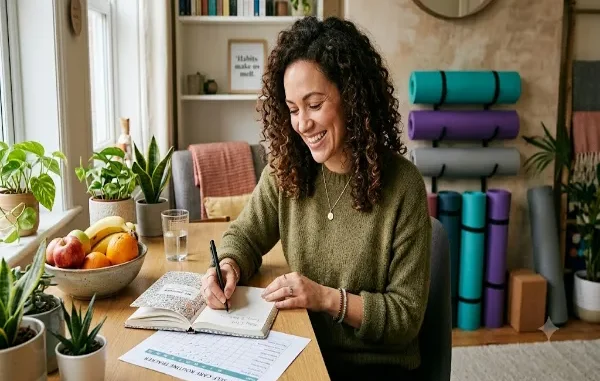 A smiling woman with curly hair sits at a wooden desk writing in a journal and reviewing a printed daily self-care routine tracker chart, surrounded by plants, a fruit bowl, and yoga mats in the background.