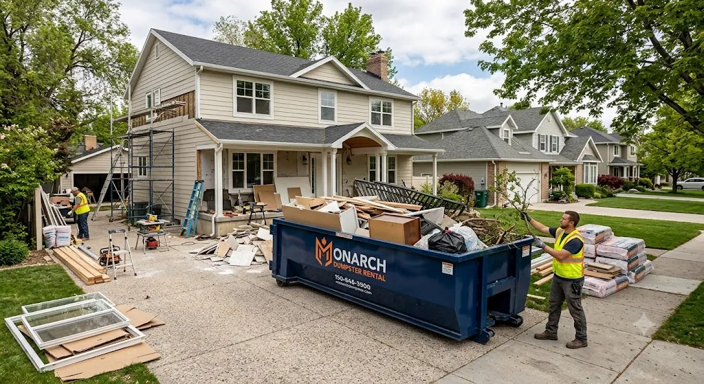 A wide-angle, realistic photograph capturing a home renovation project in progress on a suburban property, featuring a blue roll-off dumpster from Monarch Dumpster Rental centrally placed on the driveway. The two-story residential house is being sided, and a worker in a safety vest is loading tree branches and debris into the overflowing dumpster. Scaffolding, tools, lumber, and stacked materials (bags of mortar, replacement windows in cardboard) are organized on the clean driveway. A second worker operates equipment near the house under a partly cloudy sky.