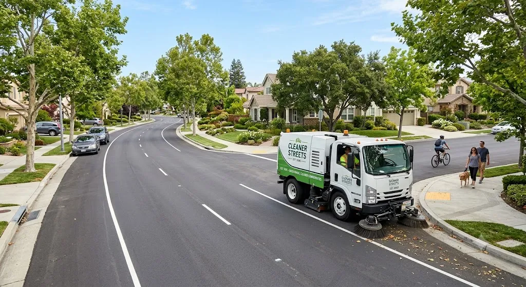 A modern white and green "Cleaner Streets" street sweeper truck sweeping the curb of a clean, freshly paved asphalt road in a sunny, tree-lined suburban neighborhood. In the background, a cyclist rides on the street, and a couple walks their dog on a clean concrete sidewalk.