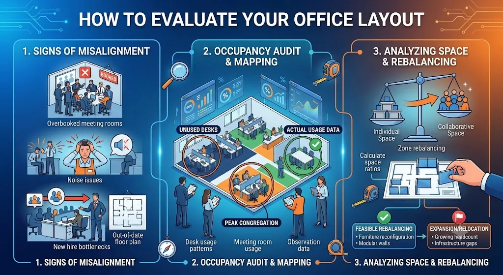 A three-step infographic titled "How to Evaluate Your Office Layout." The first panel, "Signs of Misalignment," illustrates common workplace issues like overbooked meeting rooms, noise disruptions, and remote work drift. The second panel, "Occupancy Audit & Mapping," features a 3D isometric office diagram showing how to track desk usage, data analytics, and team congregation areas. The third panel, "Analyzing Space & Rebalancing," depicts an office floor plan blueprint and a balance scale weighing individual desks against collaborative spaces, concluding with action steps for furniture reconfiguration or office relocation.