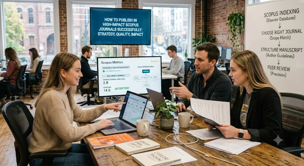A realistic photo of an academic research team collaborating in a bright, modern office space with brick accents. Three researchers are gathered at a wooden desk in the foreground: a woman smiling while pointing at a laptop displaying data graphs, a man gesturing thoughtfully while holding a manuscript, and another woman carefully reviewing a research paper. In the background, a large monitor reads "HOW TO PUBLISH IN HIGH-IMPACT SCOPUS JOURNALS SUCCESSFULLY: STRATEGY, QUALITY, IMPACT," while a smaller screen details "Scopus Metrics" with an "ACCEPTED!" notification. A large whiteboard to the right maps out the publication roadmap: "SCOPUS INDEXING," "CHOOSE RIGHT JOURNAL," "STRUCTURE MANUSCRIPT," and "PEER REVIEW."