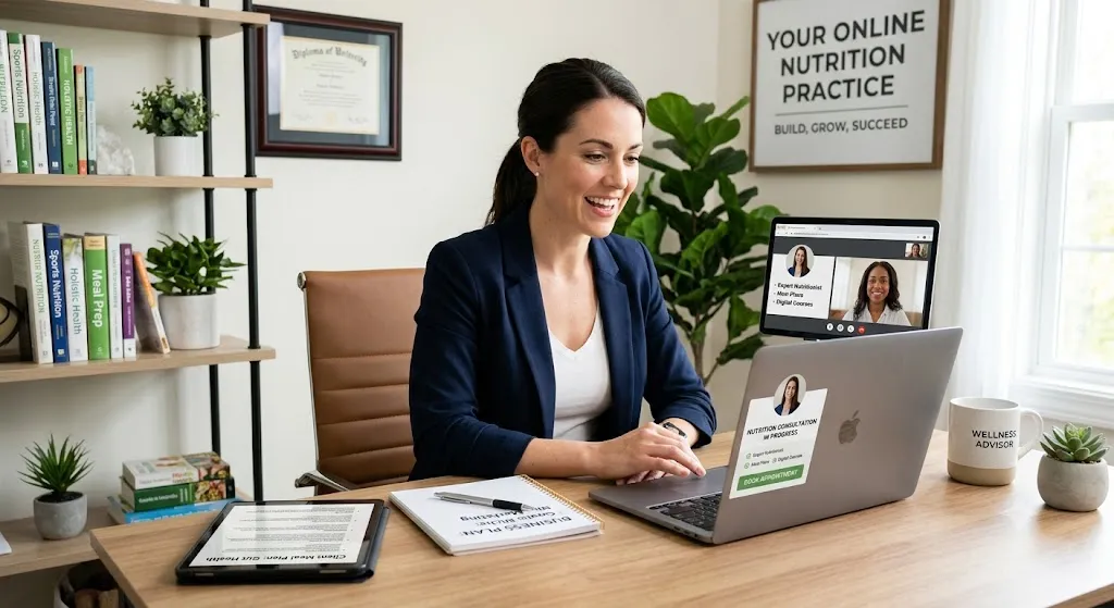 A professional female nutrition consultant smiling while conducting a virtual video consultation on her laptop in a bright, modern home office. On her wooden desk are a tablet showing a client meal plan, a business plan notebook, and a mug that reads "Wellness Advisor." The background features a bookshelf with health and nutrition books, a framed diploma, and a wall sign that says "Your Online Nutrition Practice: Build, Grow, Succeed."