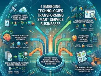 An infographic titled "6 Emerging Technologies Transforming Smart Service Businesses" showing a central digital hub branching out into six sections: connected field operations (cloud and GPS), artificial intelligence (predictive maintenance), digital maintenance contracts, mobile technician applications, cybersecurity, and data analytics dashboards, all set against a glowing neon smart city background.
