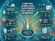 An infographic titled "6 Emerging Technologies Transforming Smart Service Businesses" showing a central digital hub branching out into six sections: connected field operations (cloud and GPS), artificial intelligence (predictive maintenance), digital maintenance contracts, mobile technician applications, cybersecurity, and data analytics dashboards, all set against a glowing neon smart city background.