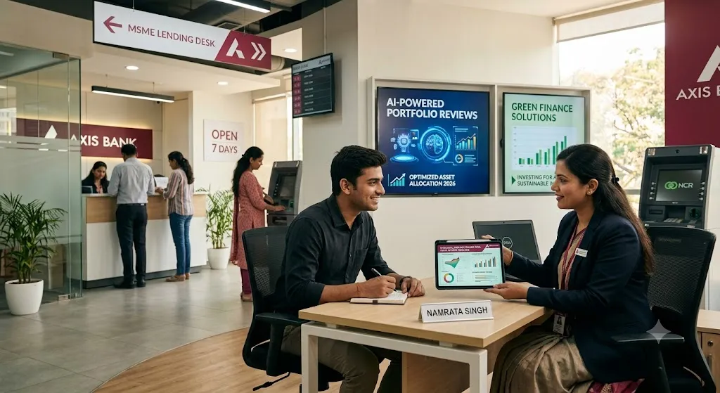 A bright, modern Axis Bank branch interior in India. In the foreground, a young male investor in a black shirt sits at a desk across from a female banking advisor wearing a blazer. The advisor holds up a tablet showing colorful financial growth charts. On the wall behind them, two digital screens display "AI-Powered Portfolio Reviews" and "Green Finance Solutions." In the background, other customers stand at a counter, a woman uses an ATM, and a hanging overhead sign points toward an "MSME Lending Desk."