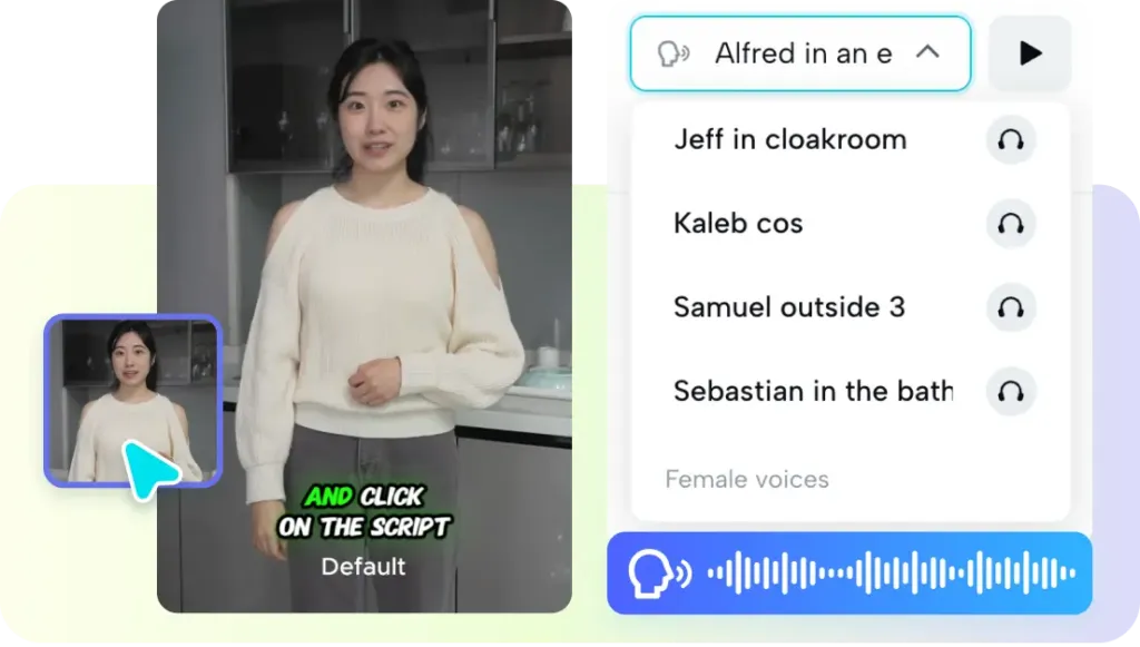 An AI video avatar creator interface showing a digital human avatar next to audio settings and voice selection menus, highlighting common setup steps.