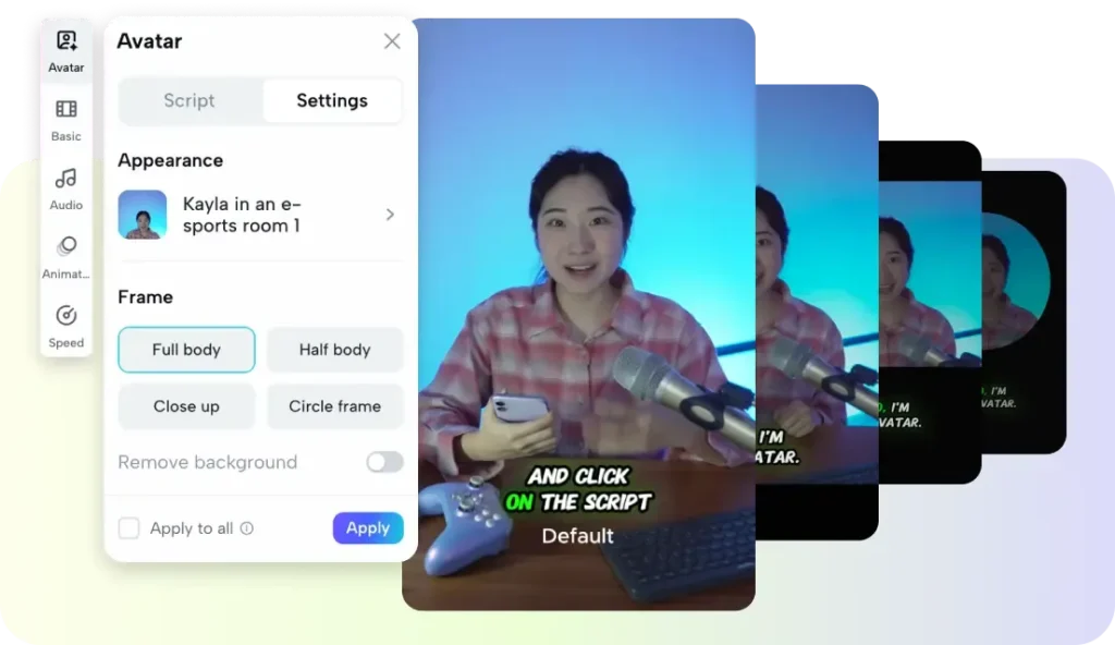 Interface of an AI internet avatar creator showing customization settings for appearance and framing options to avoid presentation pitfalls.