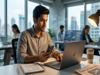 A young South Asian professional sits at a clean office desk, using a laptop and smartphone. His screen shows digital banking charts and indices, and he has a handwritten checklist and a "Banking Trends 2026" article nearby. The background is a modern city view.