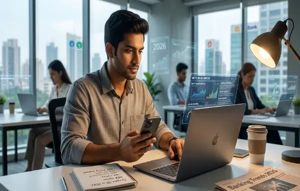 A young South Asian professional sits at a clean office desk, using a laptop and smartphone. His screen shows digital banking charts and indices, and he has a handwritten checklist and a "Banking Trends 2026" article nearby. The background is a modern city view.