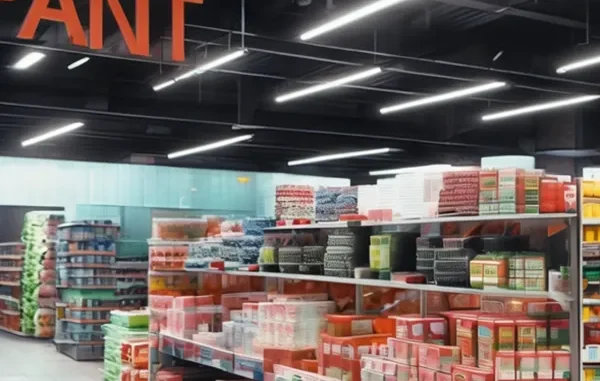 Suspended linear IP65 LED tri-proof light fixtures illuminating retail store aisles and merchandise shelves from an industrial ceiling.