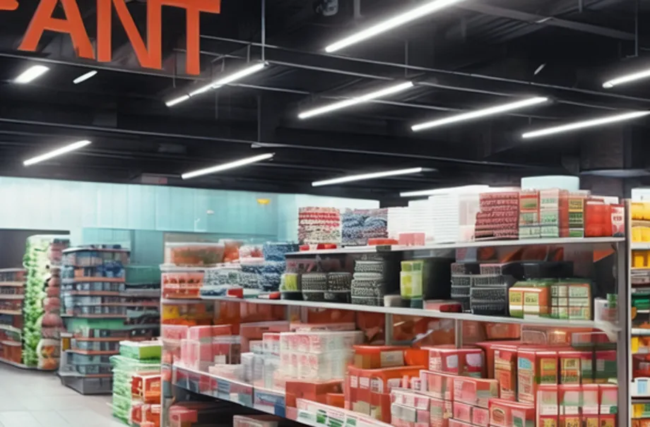 Linear IP65 LED tri-proof light fixtures suspended from an industrial ceiling illuminating retail shelves.