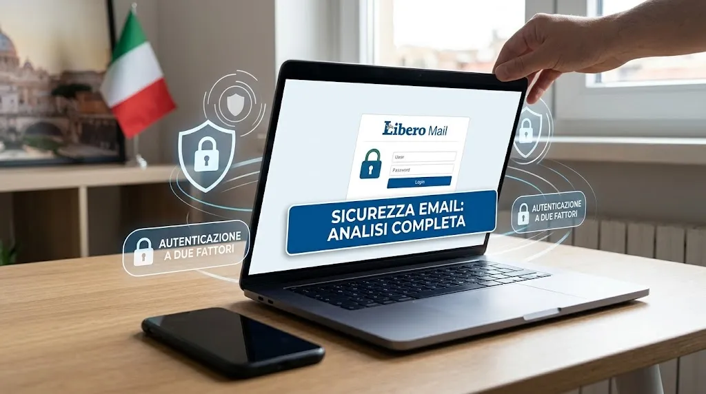 Libero Mail login screen displayed on a laptop with digital security graphics, padlock icons, and text reading 'Sicurezza Email: Analisi Completa' and 'Autenticazione a due fattori'.