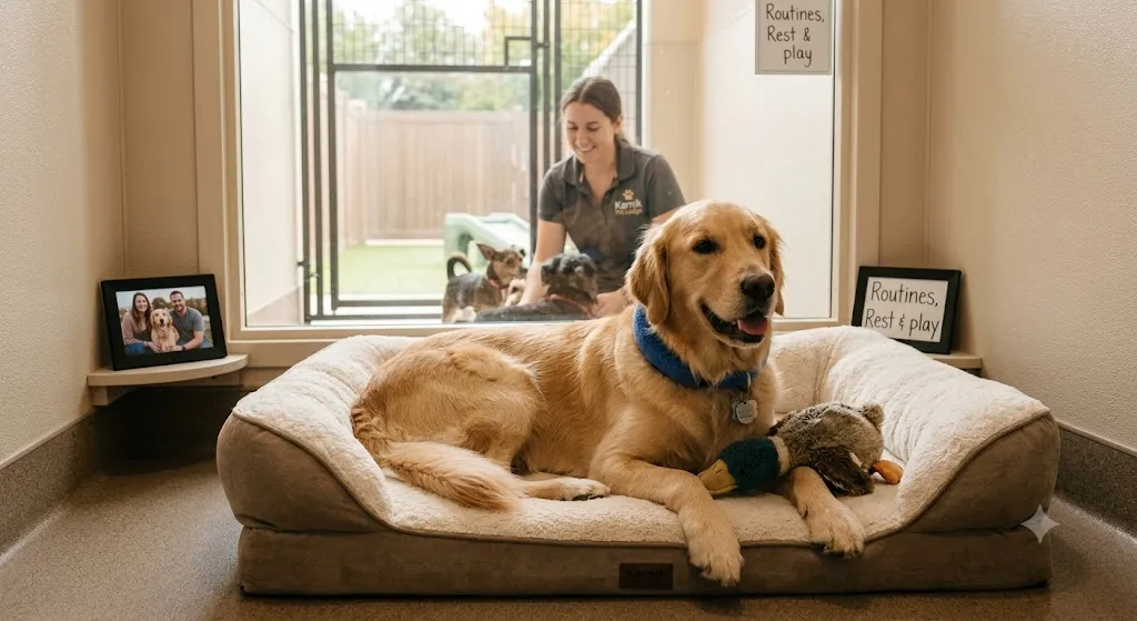 A happy Golden Retriever relaxing on a plush orthopedic dog bed inside a clean, modern suite at Karnik Pet Lodge. The dog is resting its paw on a plush duck toy. In the background, a large glass window shows a friendly female staff member interacting with other small dogs in an outdoor play yard. A framed family photo and a sign reading "Routines, Rest & Play" sit on shelves, emphasizing a secure, home-like environment.