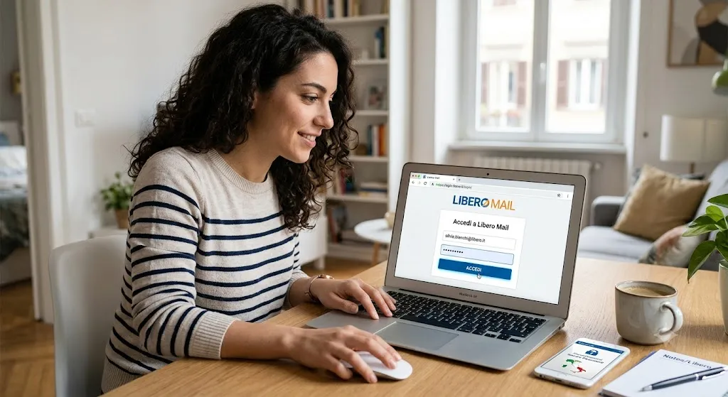 A person logging into their Libero Mail account on a laptop at a home office desk, featuring the Italian login screen with the "Accedi" button.