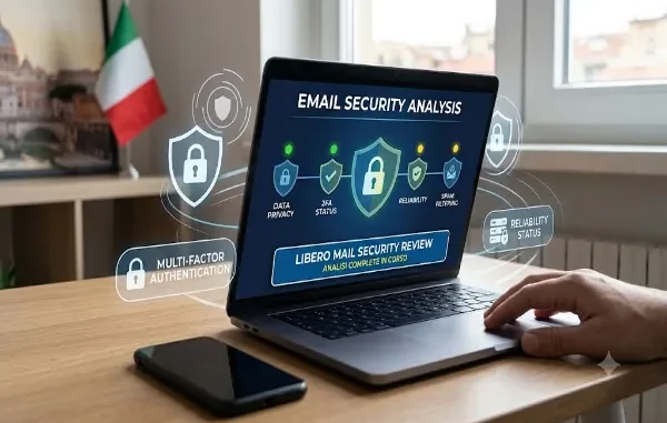 A laptop on a wooden desk displaying an email security analysis dashboard for a Libero Mail safety review, featuring holographic icons for data privacy, 2FA, reliability, and spam filtering.
