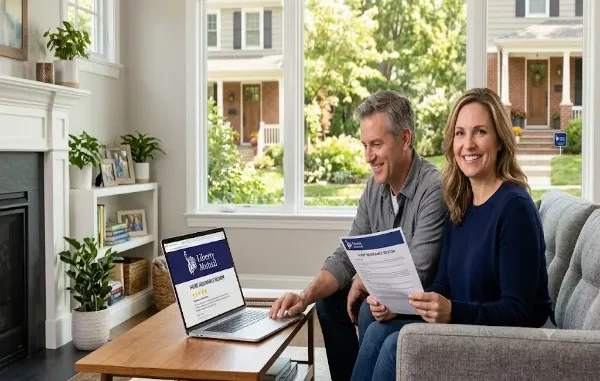 A smiling middle-aged couple sits on a living room sofa reviewing a Liberty Mutual home insurance policy document while a laptop on the coffee table displays a five-star review page.