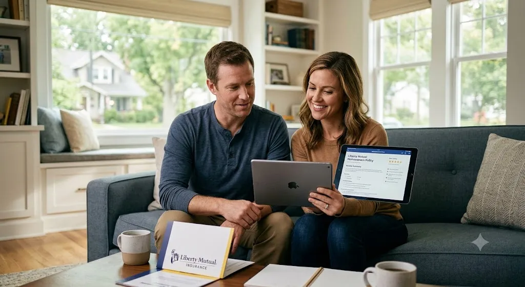A smiling couple sitting on a living room sofa, reviewing a Liberty Mutual home insurance policy on a tablet. A branded Liberty Mutual document folder sits on the coffee table in front of them, with a bright window showing a residential neighborhood in the background.