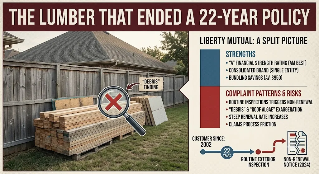 A composite infographic image with the headline, "THE LUMBER THAT ENDED A 22-YEAR POLICY." The left side shows a photograph of a neat stack of construction lumber on wooden pallets next to a suburban backyard privacy fence. A magnifying glass with a large red 'X' and a flag text box labeled '"DEBRIS" FINDING' points to the stack. The right side contains stylized data panels: a vertical bar chart labeled 'LIBERTY MUTUAL: A SPLIT PICTURE' has a blue section for 'STRENGTHS' (including 'AM BEST "A" RATING' and 'BUNDLING SAVINGS') and a red section for 'COMPLAINT PATTERNS & RISKS' (listing 'NON-RENEWAL FROM INSPECTIONS', '"DEBRIS" EXAGGERATION', 'RATE INCREASES', and 'CLAIMS FRICTION'). Below the chart, a horizontal timeline shows 'CUSTOMER SINCE: 2002', then a '22 YEARS' arrow breaking at a 'ROUTINE EXTERIOR INSPECTION' point, leading to a torn document icon labeled 'NON-RENEWAL NOTICE (2024)'. The entire image has a textured, printed look with blue, red, grey, and cream colors.