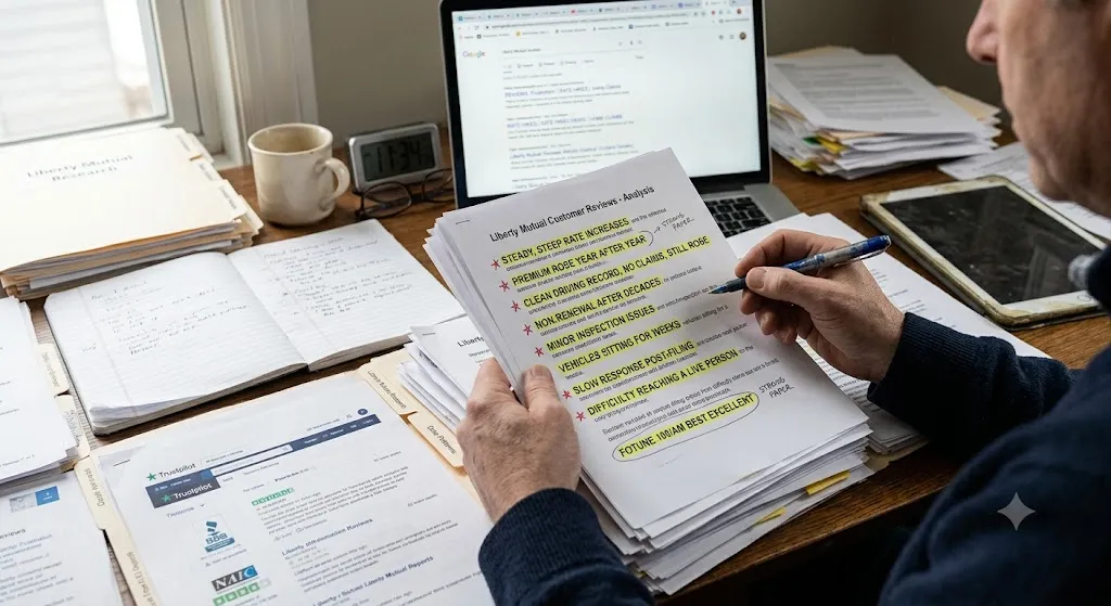 A photograph of a person at a wooden desk analyzing printed documents titled 'Liberty Mutual Customer Reviews - Analysis'. Several findings are highlighted in yellow, including ‘STEADY, STEEP RATE INCREASES’ and ‘PREMIUM ROSE YEAR AFTER YEAR’. A handwritten note points to ‘STRONG PAPER’ near financial strength data. The background features a laptop with search results for Liberty Mutual and folders labeled ‘Liberty Mutual Research’.