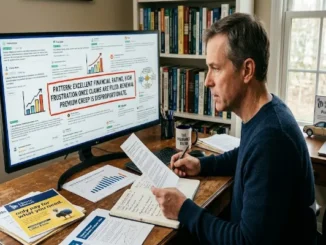A man at a desk reviews insurance data on a large monitor showing customer feedback charts, with a prominent red callout box highlighting a pattern of excellent financial ratings but premium creep and claims frustration.