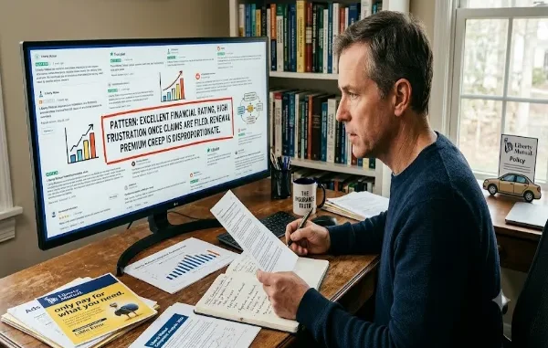 A man at a desk reviews insurance data on a large monitor showing customer feedback charts, with a prominent red callout box highlighting a pattern of excellent financial ratings but premium creep and claims frustration.