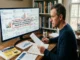A man at a desk reviews insurance data on a large monitor showing customer feedback charts, with a prominent red callout box highlighting a pattern of excellent financial ratings but premium creep and claims frustration.