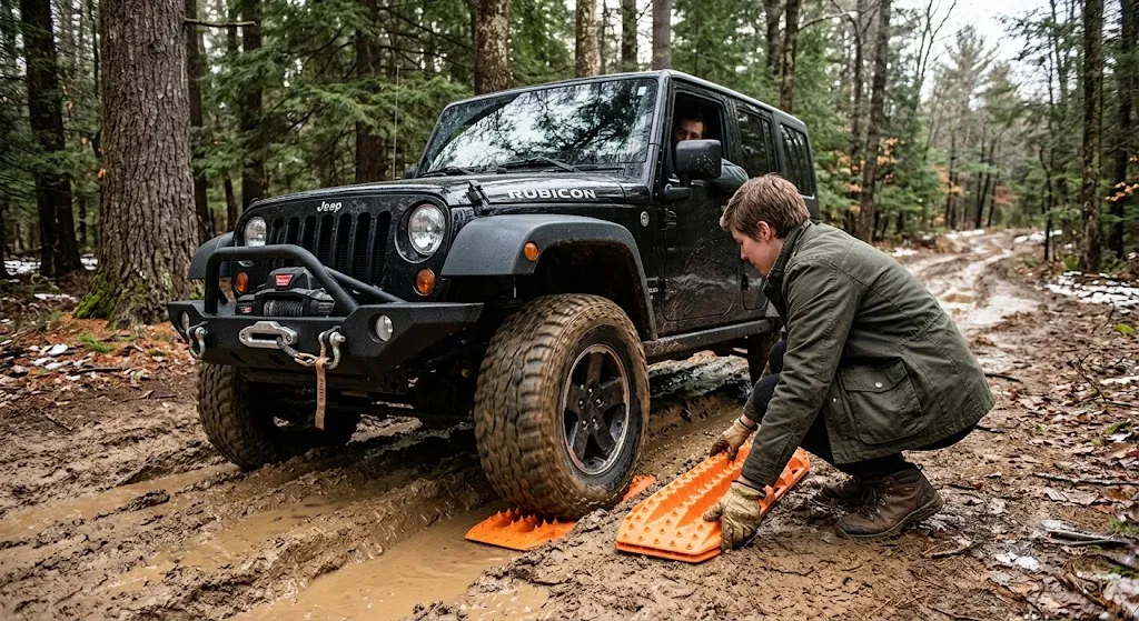 A driver in work gloves placing a bright orange compact traction device under the front tire of a lifted black Jeep Rubicon stuck on a muddy forest trail.