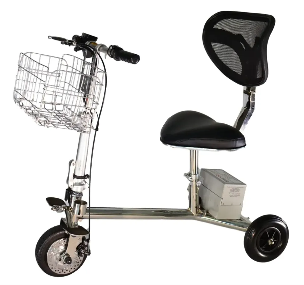 A lightweight three-wheel folding mobility scooter featuring a front metal wire basket, padded seat with mesh backrest, and compact frame against a plain background.