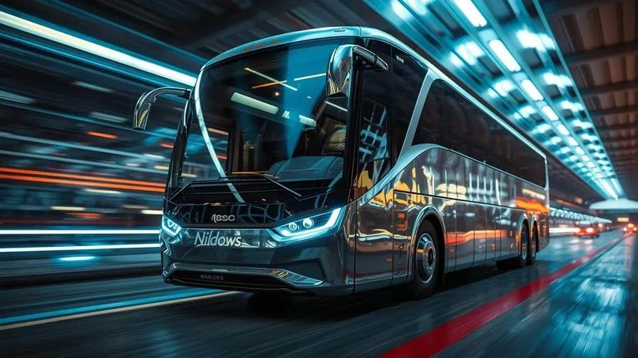 Modern luxury coach bus driving at night, representing premium bus rental services in Manhattan for stress-free group travel.