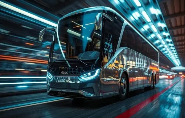 Sleek metallic luxury charter bus driving through a brightly lit modern tunnel at night, representing premium group transportation in Manhattan.